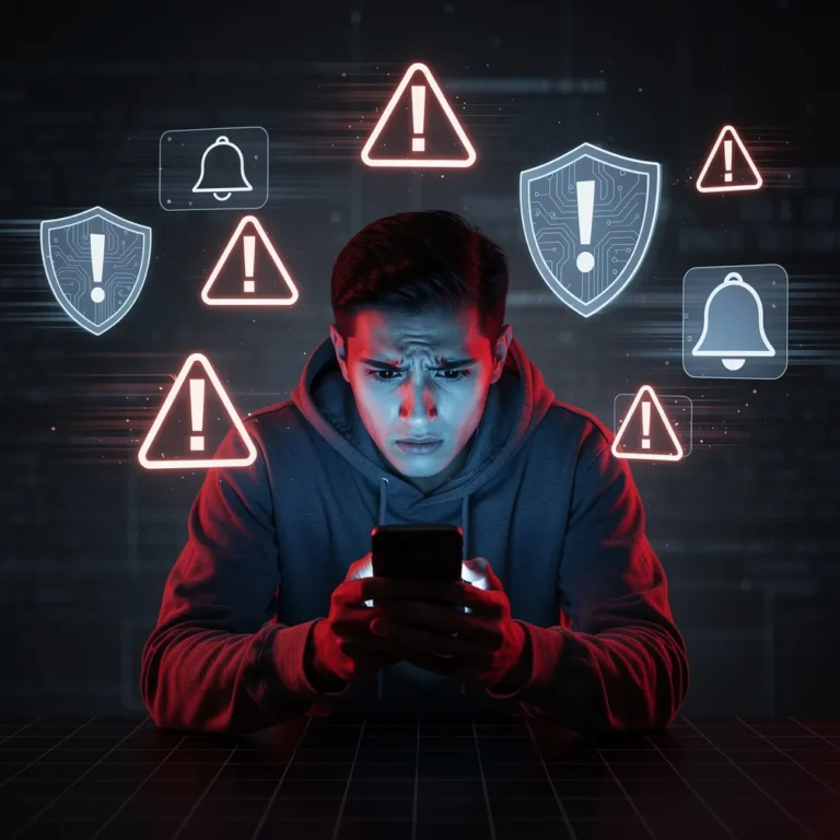 Person checking phone with concern surrounded by identity theft warning alert icons in red and blue tones