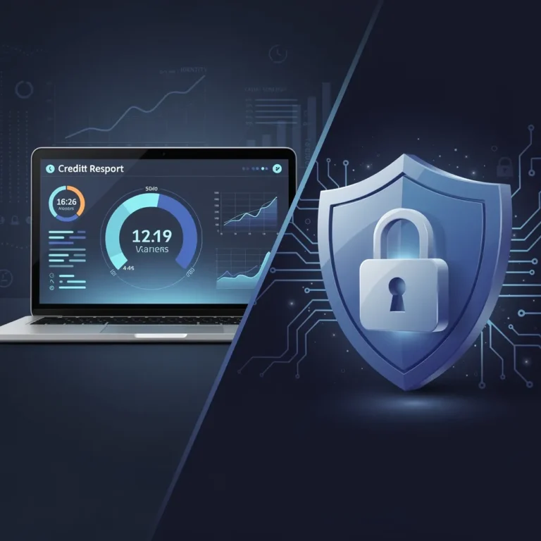 Credit monitoring vs identity theft protection comparison - credit report on one side and digital security shield on the other