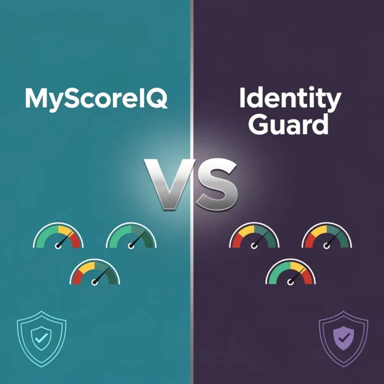 MyScoreIQ vs Identity Guard 2026 comparison graphic in teal and purple modern design