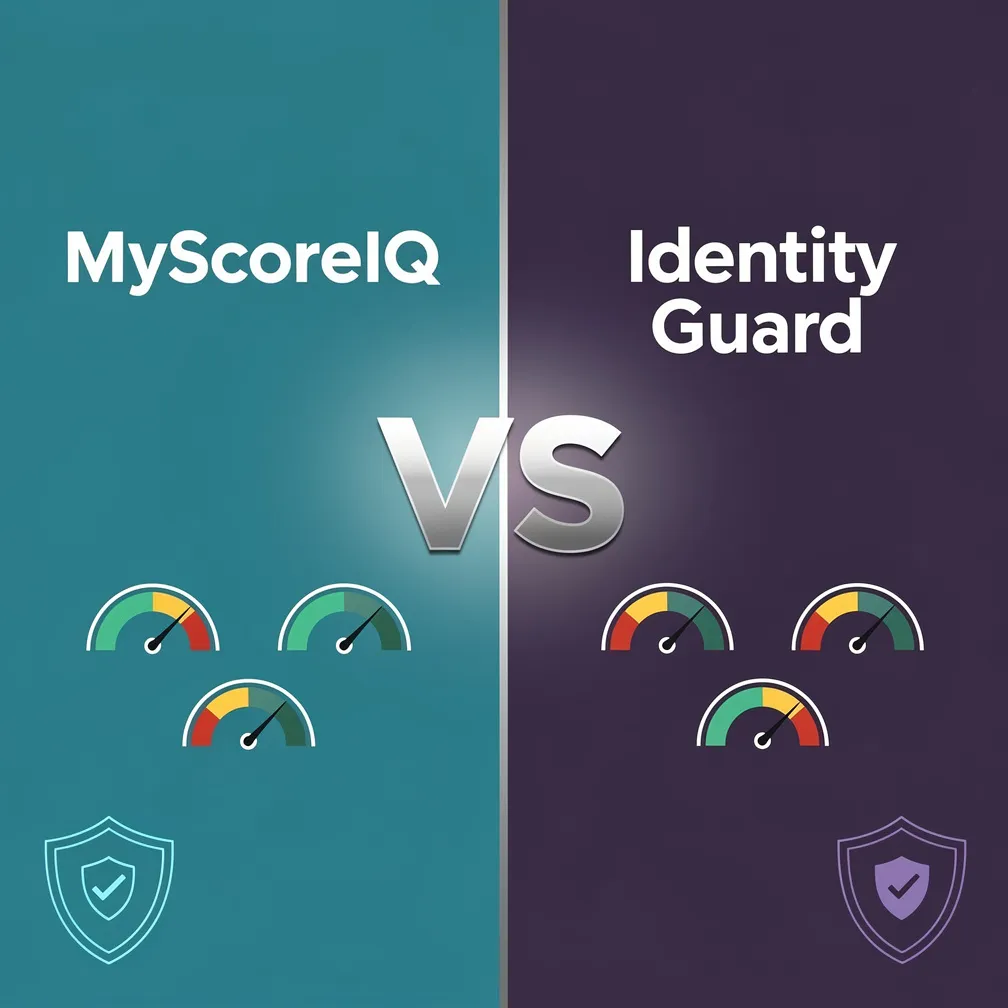MyScoreIQ vs Identity Guard 2026 comparison graphic in teal and purple modern design