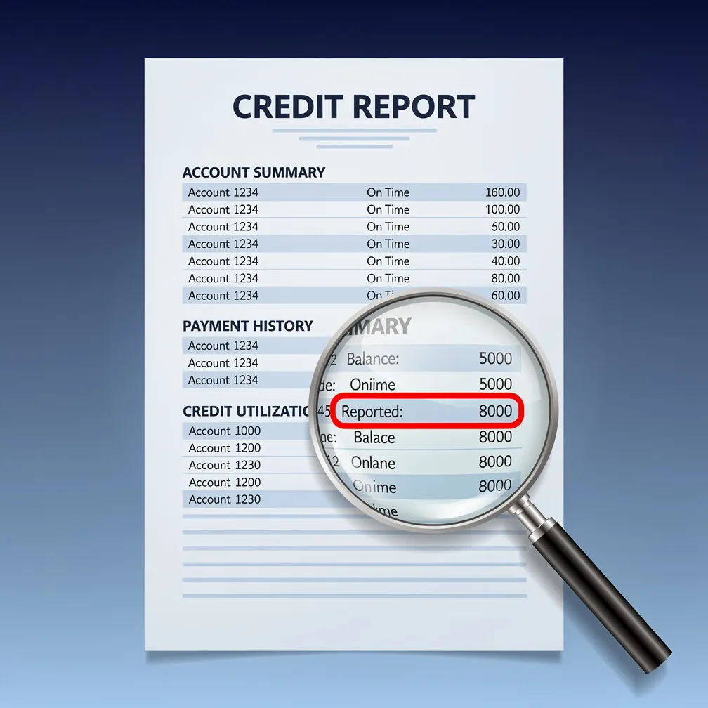 Credit report document with magnifying glass highlighting an error - dispute credit report guide