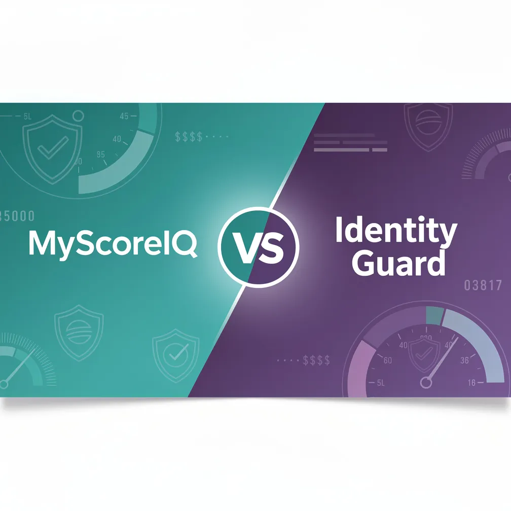 MyScoreIQ vs Identity Guard 2026 comparison graphic in teal and purple modern design