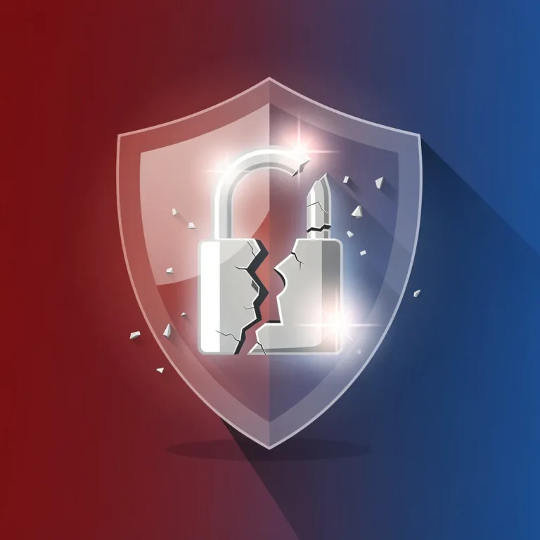 Broken lock being repaired with a protective shield, symbolizing recovery after a data breach with red to blue gradient